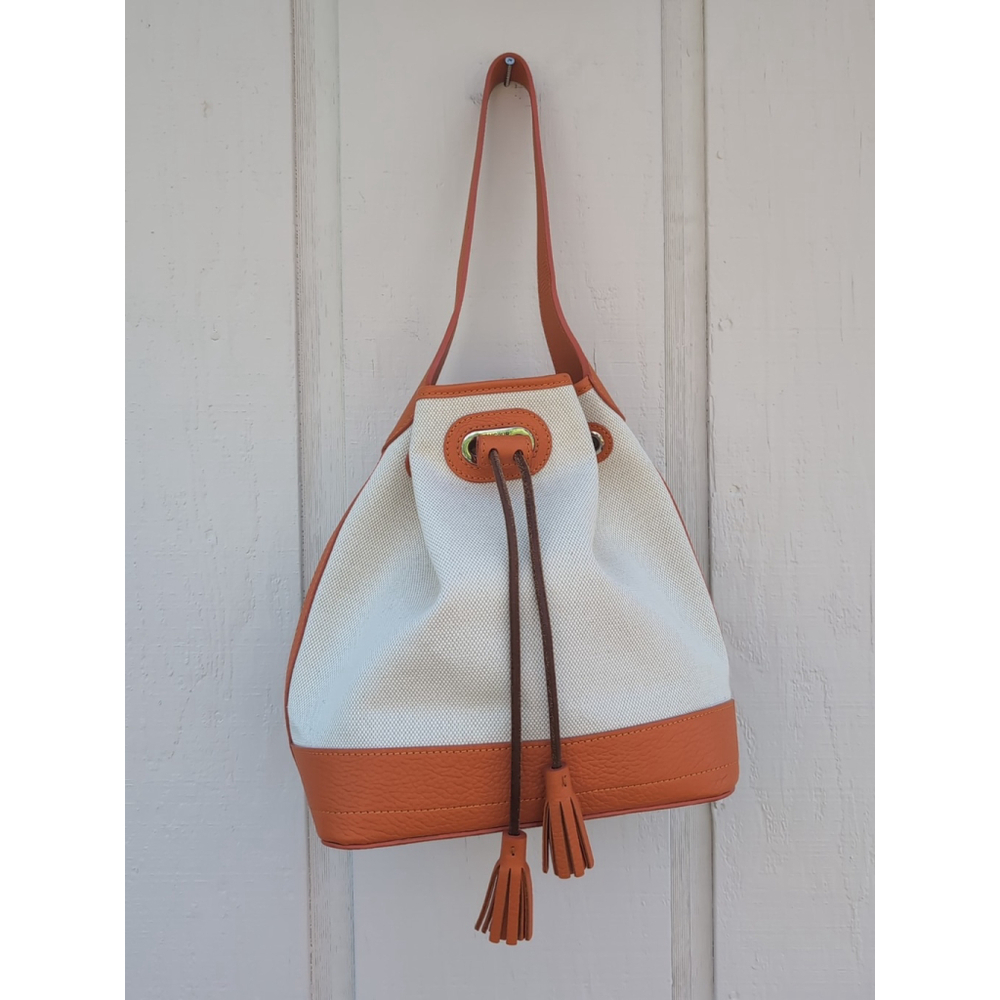 Oncour French Leather Drawstring Bucket Bag Beige Orange